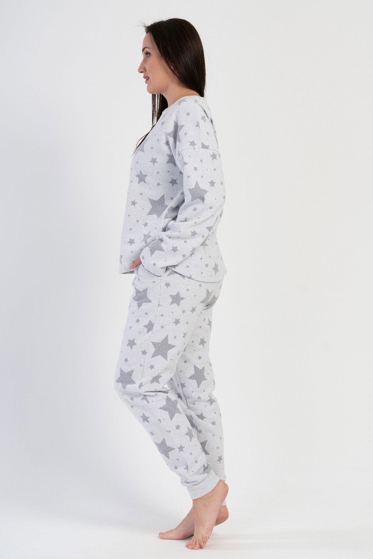 Jakarlı Kayık Yaka Düşük Omuz Uzun Kol Cepli Büyük Beden Pijama Takım 402033 Gri