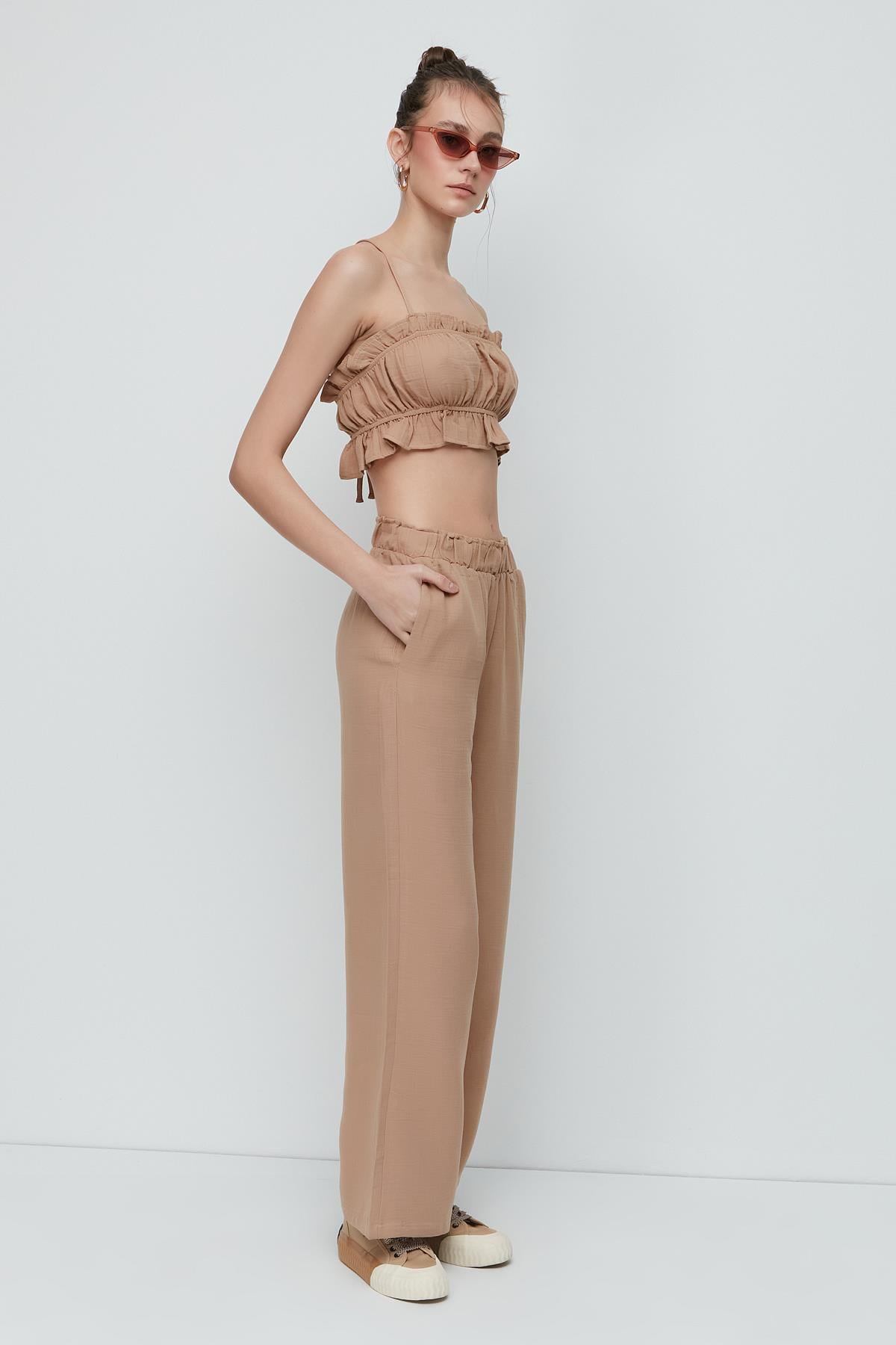C&City Organic Cotton Muslin Crop Bustier Trousers Set 9124 Beige