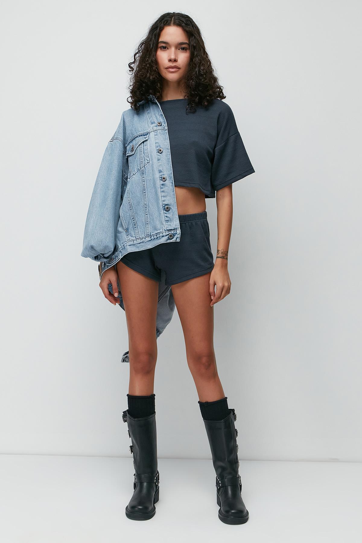 C&City Ribbed Short Sleeve T-Shirt Shorts Set 9137 Smoked Color