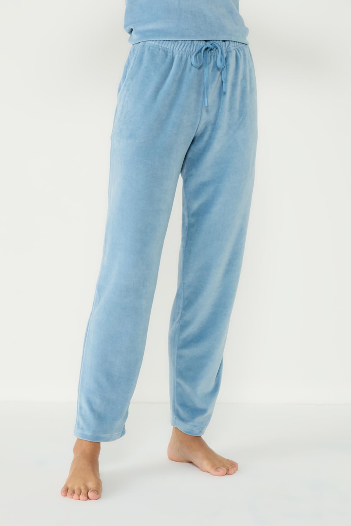 Kadife Bisiklet Yaka Uzun Kol Cepli Pijama Takım 403091 Mavi
