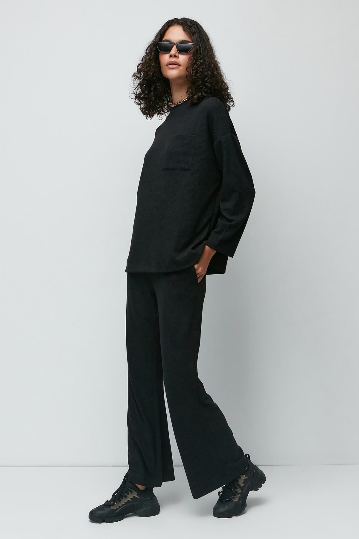 C&City Ribbed Pocket T-Shirt and Flared Trousers Set 9132 Black