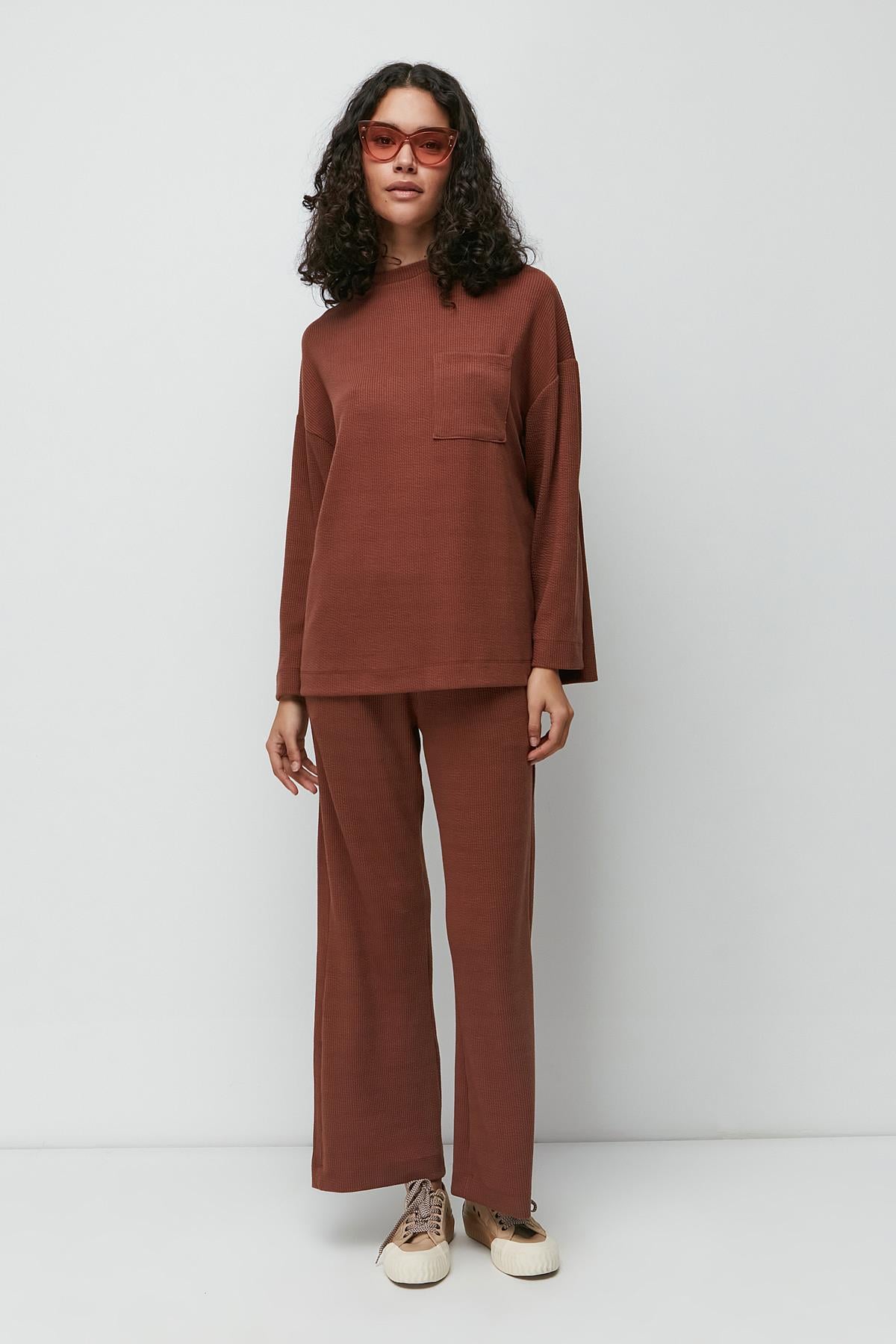 C&City Ribbed Pocket T-Shirt and Flared Trousers Set 9132 Brown