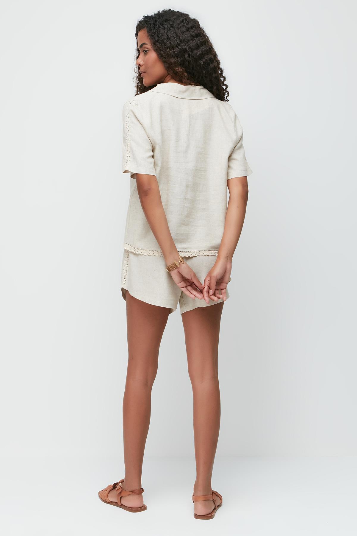 Linen Lace Detail Short Sleeve Shirt and Shorts Set 9145 Beige