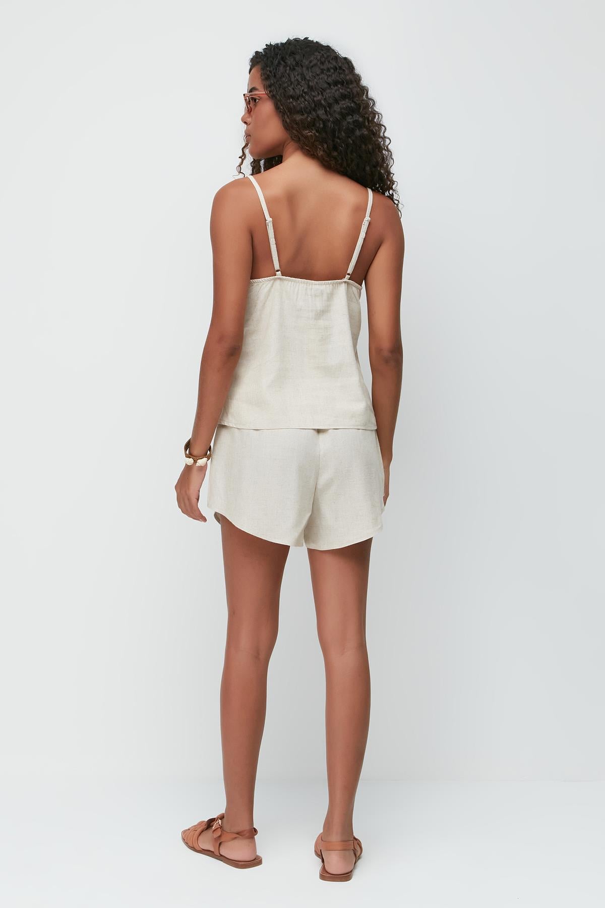 Linen Lace Detail Tank Top and Shorts Set 9146 Beige