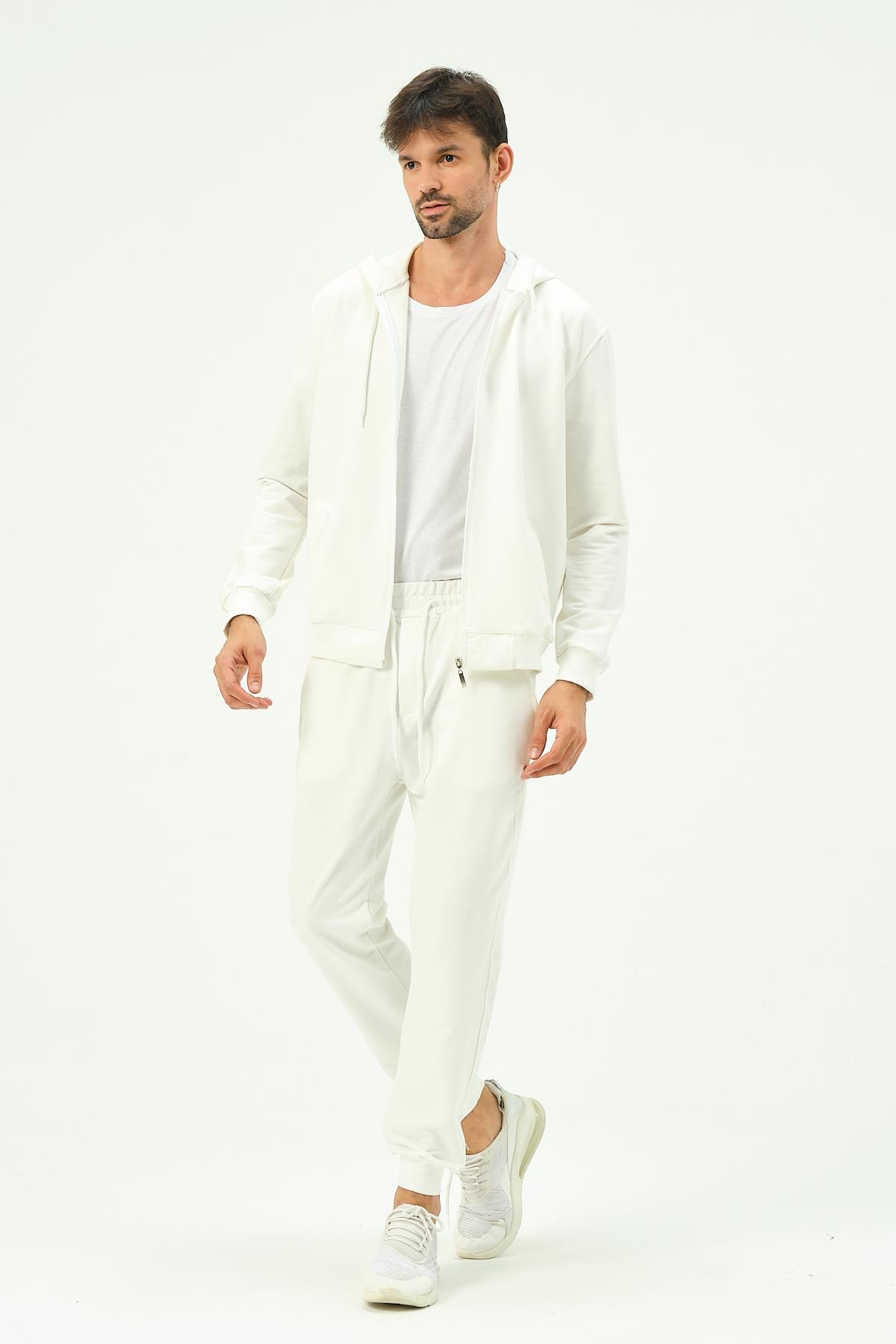C&City Men Hooded Front Zippered Cuffed Leg Tracksuit 8702 Ecru